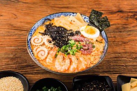 spicy Miso Ramen Asian noodles with cuttlefish sauceの写真素材