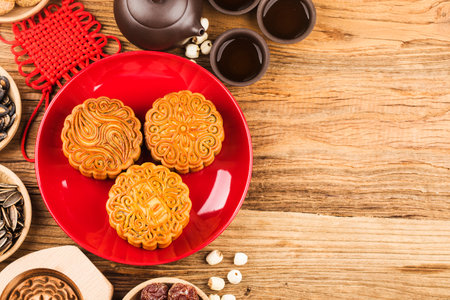 Mid-Autumn Festival concept, Traditional mooncakes on table with teacup.の写真素材