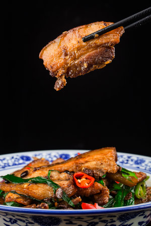 Close up of one of the most popular Chinese Sichuan province cuisine Twice-cooked porkの写真素材