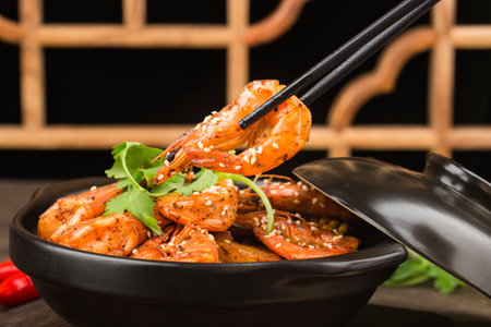 A Chinese dish: Griddle Shrimp, dry pot shrimpの写真素材