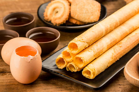 Egg roll biscuit on plate