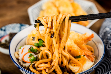 Japanese Cuisine: Delicious tempura prawn udon noodlesの写真素材