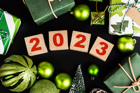Happy New Year 2023, Christmas 2023, Christmas gifts placed in a festive atmosphere