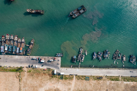 Aerial photography wharf fishing boatの写真素材