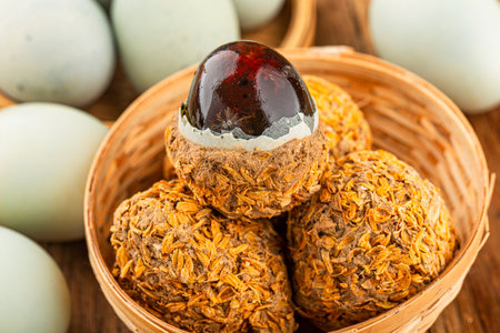 preserved duck eggs or century egg on wood backgroundの写真素材