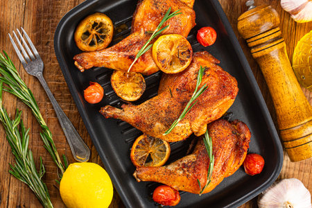 Homemade roasted chicken legs with Rosemaryの写真素材