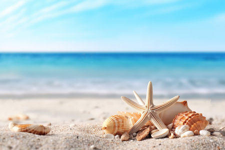 Vacation concept - starfish and seashells on the beach,の素材