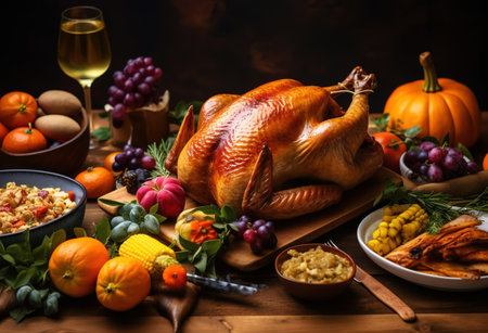 Christmas or Thanksgiving turkey on a wooden table in the countrysideの素材