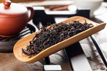 Brewing Chinese tea in ceramic gaiwan during the tea ceremony close-up.の写真素材