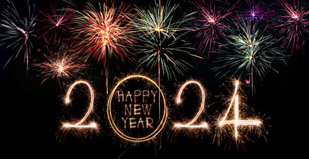 Happy New Year 2024. Sparkling burning text Happy New Year 2024 isolated on black background.の写真素材