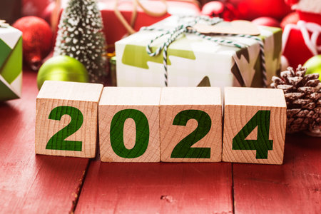 Happy New Year 2024, Christmas 2024, Christmas gifts placed in a festive atmosphereの写真素材