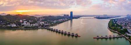 Aerial view of a city in China at sunset