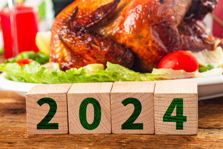 Roasted chicken decorated for Christmas in 2024.の写真素材