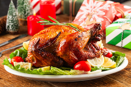 Eating grilled chicken for Christmasの写真素材