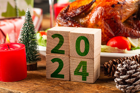 Roasted chicken decorated for Christmas in 2024.の写真素材