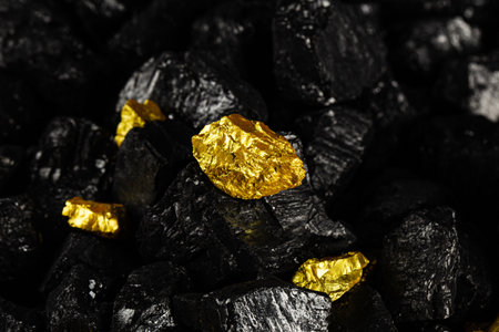 Gold nugget or gold ore on the black coal background.の写真素材