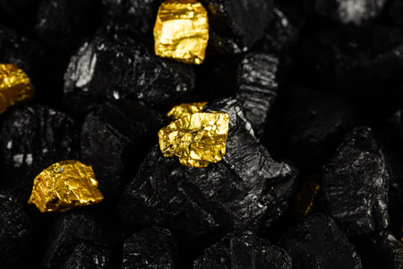 Gold nuggets on black coal background. Gold nuggets close-up.