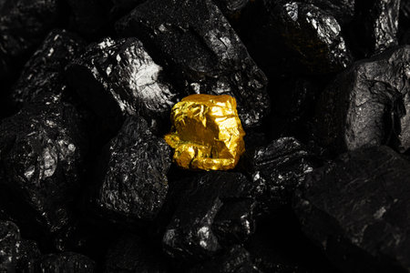 Gold nugget or gold ore on black coal background close up