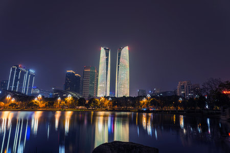 Night view of modern buildings and parks in Guangzhou, China.の写真素材