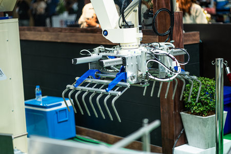 Close-up of modern robotic arm in exhibition hall. Technology concept