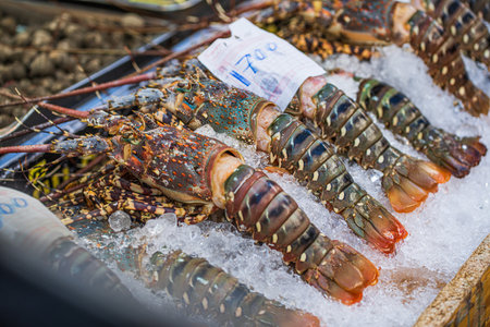 Fresh lobsters on ice for sale at the fish market in Thailand
