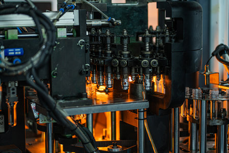 Automatic filling machine pours water into plastic PET bottles. Brewing production
