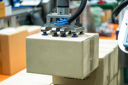 Robotic arm working on cardboard box in factory, technology concept.