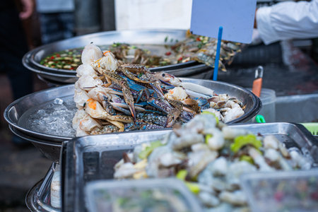 Seafood on ice at street food market in Bangkok, Thailand