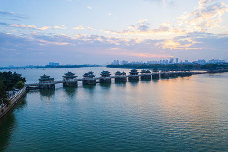 Aerial view of West Lake in Hangzhou at sunsetの写真素材