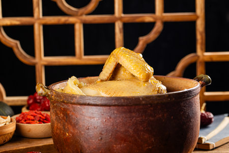 Baked chicken with spices in a clay pot on a wooden tableの写真素材