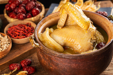 Baked chicken with herbs and spices in a clay pot on a wooden tableの写真素材