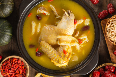 Chicken soup with vegetables and herbs on wooden background. Top view.の写真素材