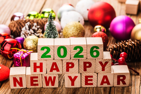 Wooden blocks with the inscription Happy New Year 2026 on a wooden background