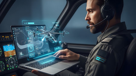 Aviator engineer operates advanced drone system with holographic display in cockpit