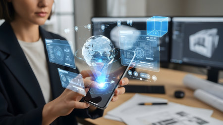 Professional interacting with a global augmented reality display on a modern smartphone
