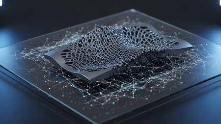 Intricate organic lattice structure over a luminous digital network interface