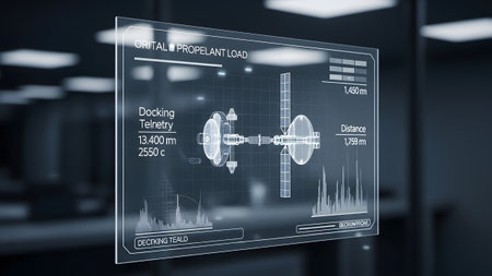 Futuristic transparent display showing space docking telemetry and critical propellant data