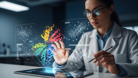 Scientist analyzing complex molecular structures with interactive holographic display in laboratory