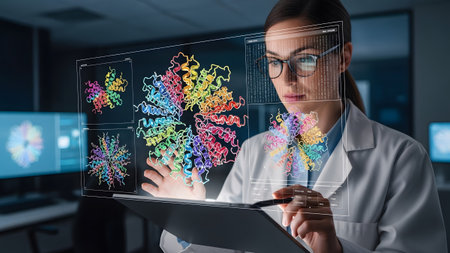 Female scientist using advanced holographic technology to analyze complex molecular structures