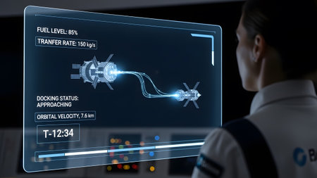 Astronaut monitoring crucial fuel transfer and docking status of spacecraft on a holographic display