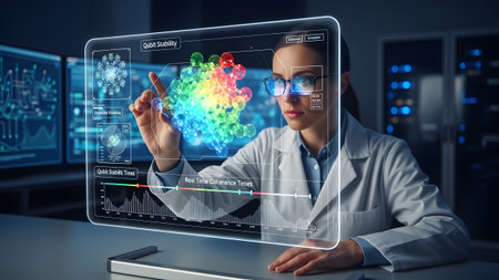 Female scientist interacts with holographic interface, exploring complex molecular data in a modern...