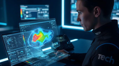 Young engineer analyzing complex holographic data visualization in a futuristic control room