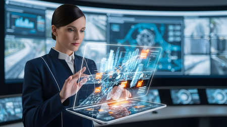 Female professional analyzing data on a holographic interface in a high-tech control room
