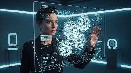 A woman interacts with a futuristic holographic display showing advanced data visualizationの写真素材