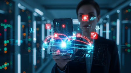 Woman interacting with futuristic smartphone displaying complex data network and cyber security...