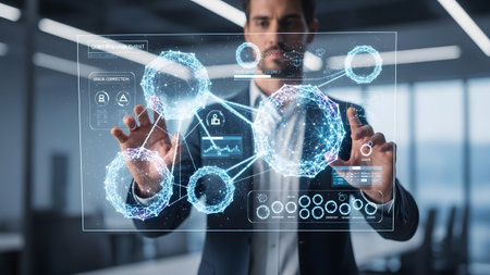 Businessman interacting with futuristic holographic interface displaying interconnected data spheres