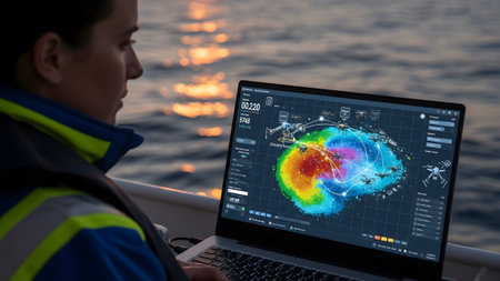 A researcher monitors complex data on a laptop aboard a vessel with the sea at sunset
