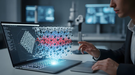 Scientist interacting with a holographic molecular structure projected from a laptop in a lab