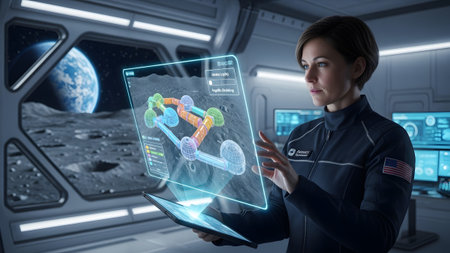 Astronaut scientist analyzes a holographic structural model on a lunar base with earth view