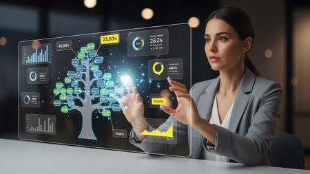 Businesswoman interacting with holographic data visualization for strategic insight